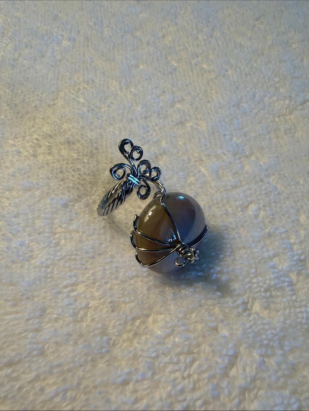 Silver Wire-Wrapped Gray Agate Orb Ring